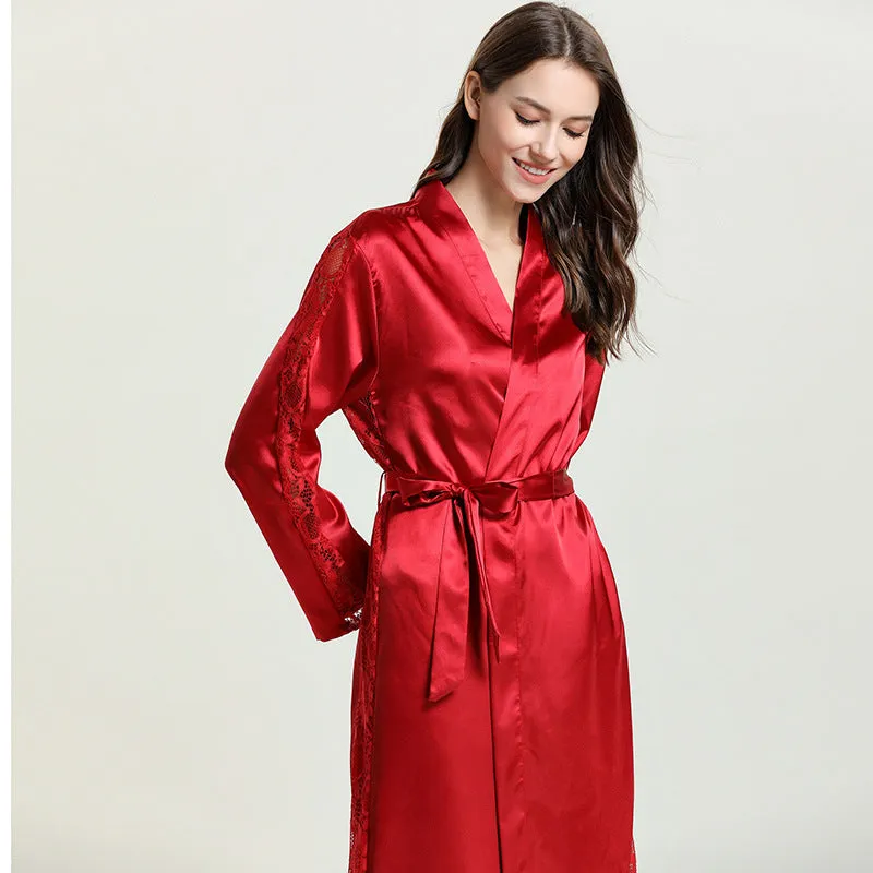 Fashion Ladies Pajamas Imitation Silk Nightgown Lace Sexy Long Nightgown Bathrobe