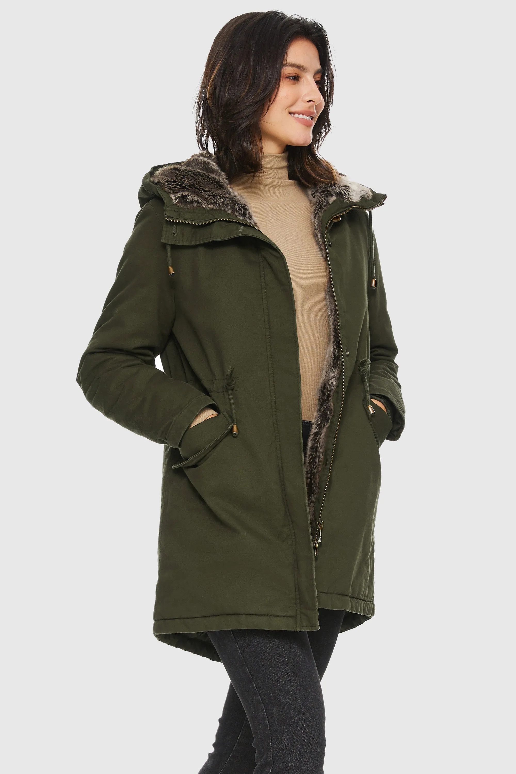 Faux Fur Lined Military Fleece Parka