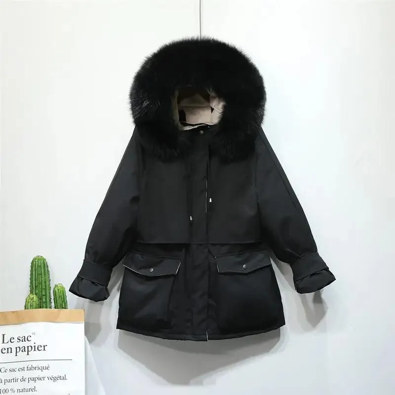 Fitaylor Winter Jacket Women Large Natural Fox Fur White Duck Down Coat Thick Parkas Warm Sash Tie Up Zipper Down Snow Outerwear