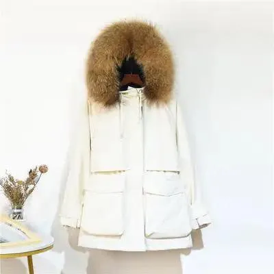 Fitaylor Winter Jacket Women Large Natural Fox Fur White Duck Down Coat Thick Parkas Warm Sash Tie Up Zipper Down Snow Outerwear