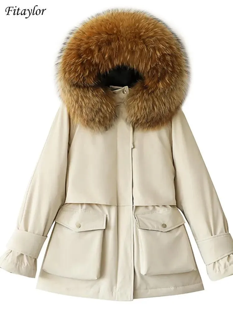 Fitaylor Winter Jacket Women Large Natural Fox Fur White Duck Down Coat Thick Parkas Warm Sash Tie Up Zipper Down Snow Outerwear