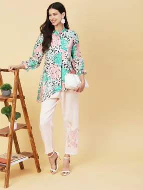 Floral & Abstract Printed Asymmetric Hem Shirt With Embroidered Pants - White & Pink