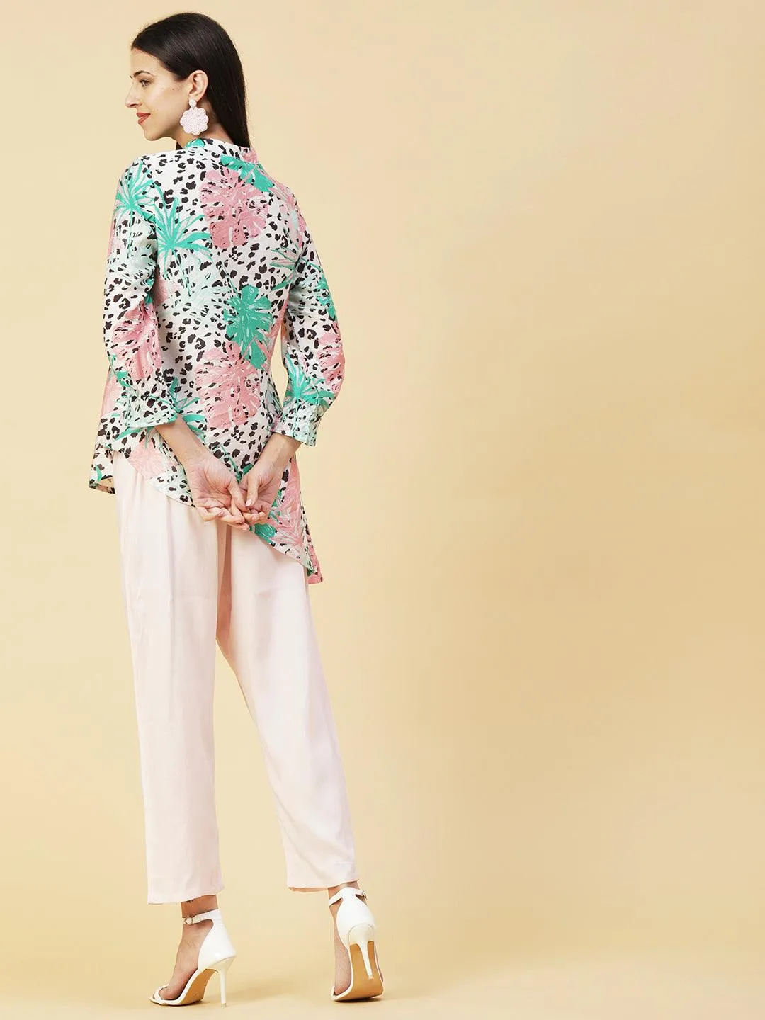 Floral & Abstract Printed Asymmetric Hem Shirt With Embroidered Pants - White & Pink