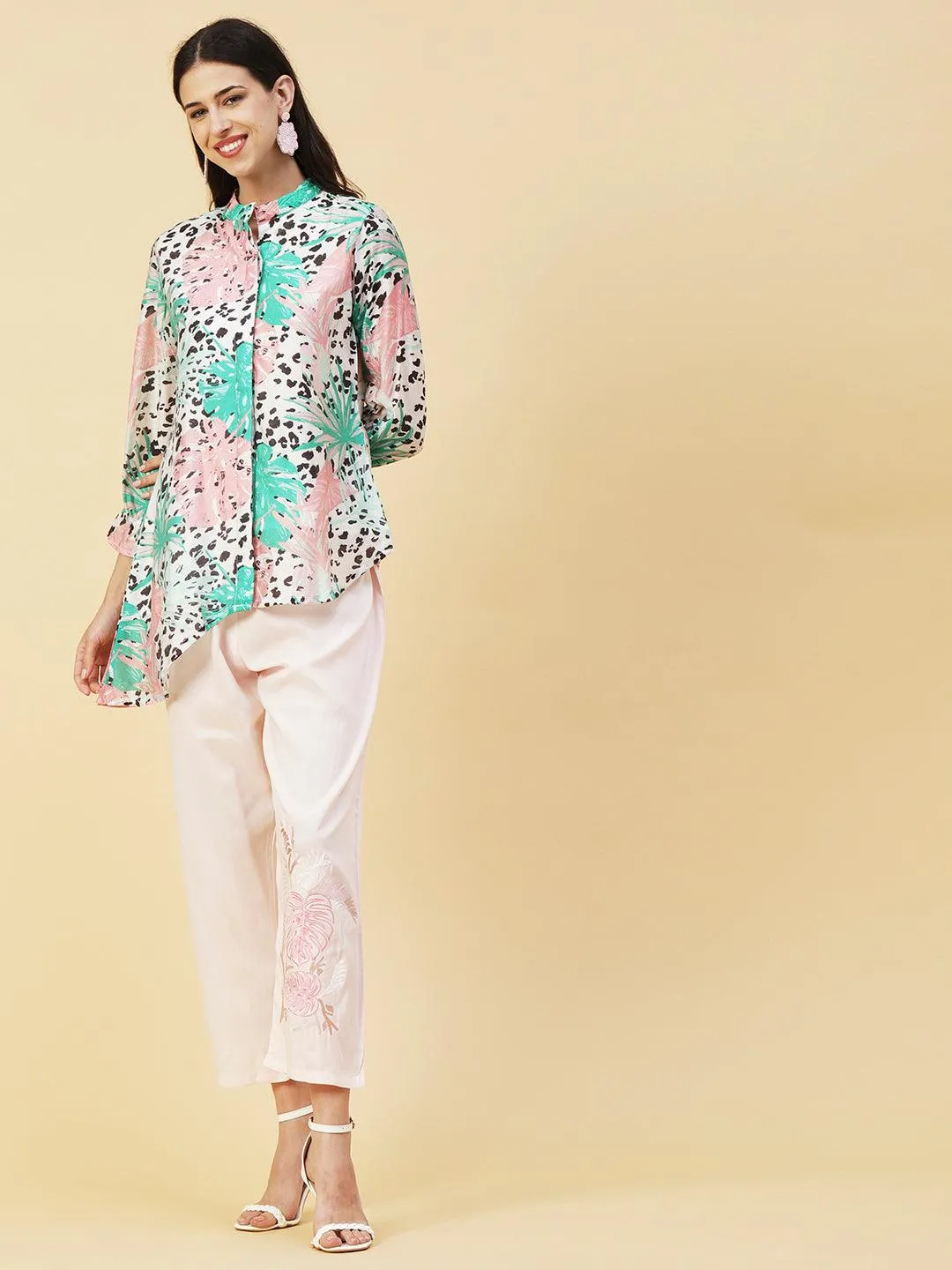 Floral & Abstract Printed Asymmetric Hem Shirt With Embroidered Pants - White & Pink