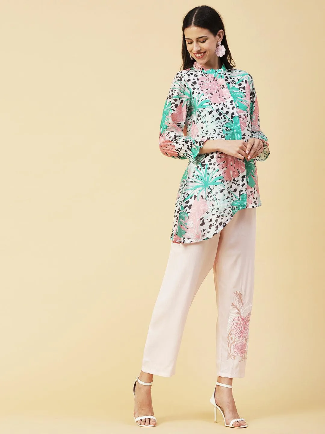 Floral & Abstract Printed Asymmetric Hem Shirt With Embroidered Pants - White & Pink