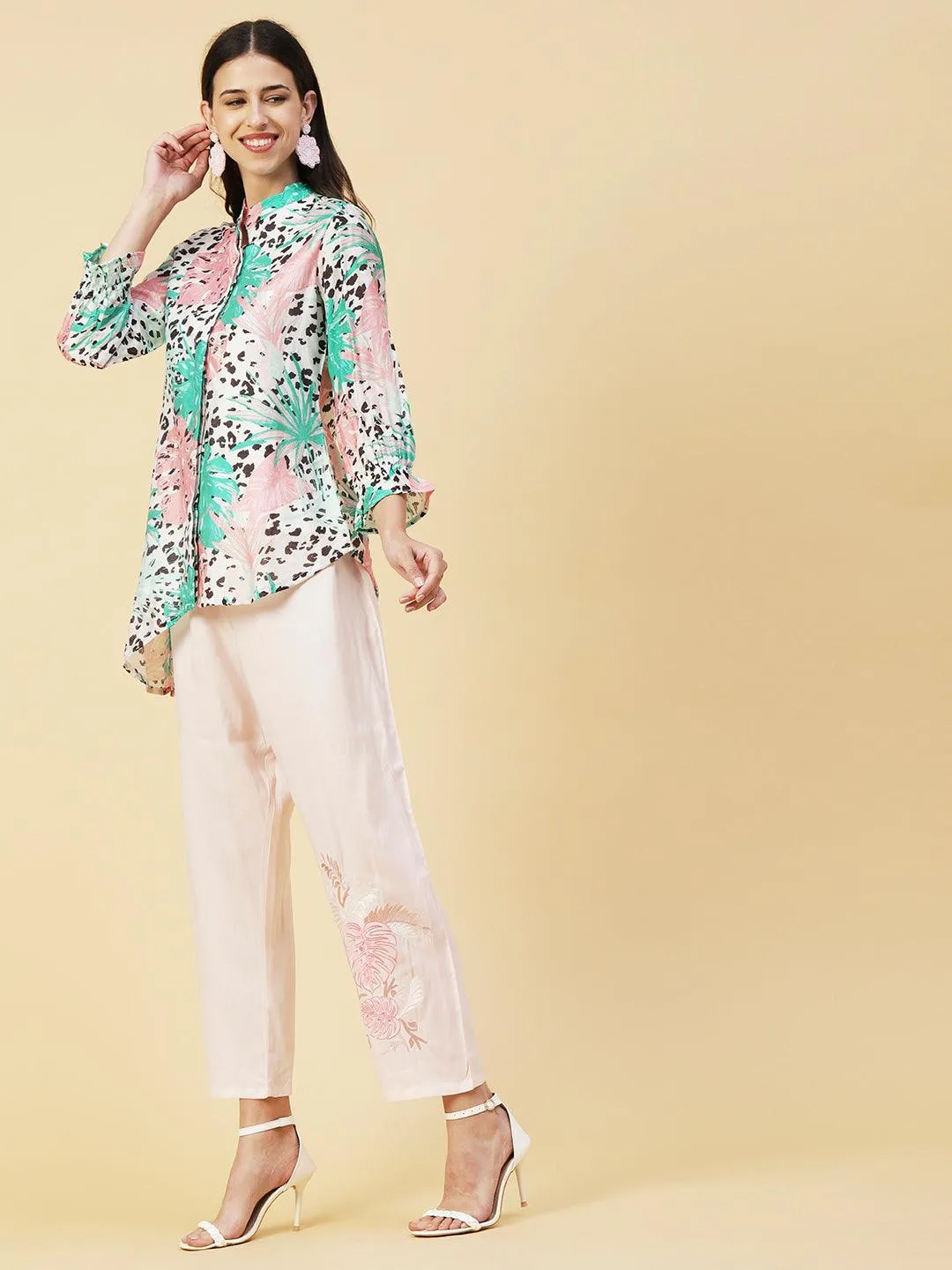 Floral & Abstract Printed Asymmetric Hem Shirt With Embroidered Pants - White & Pink