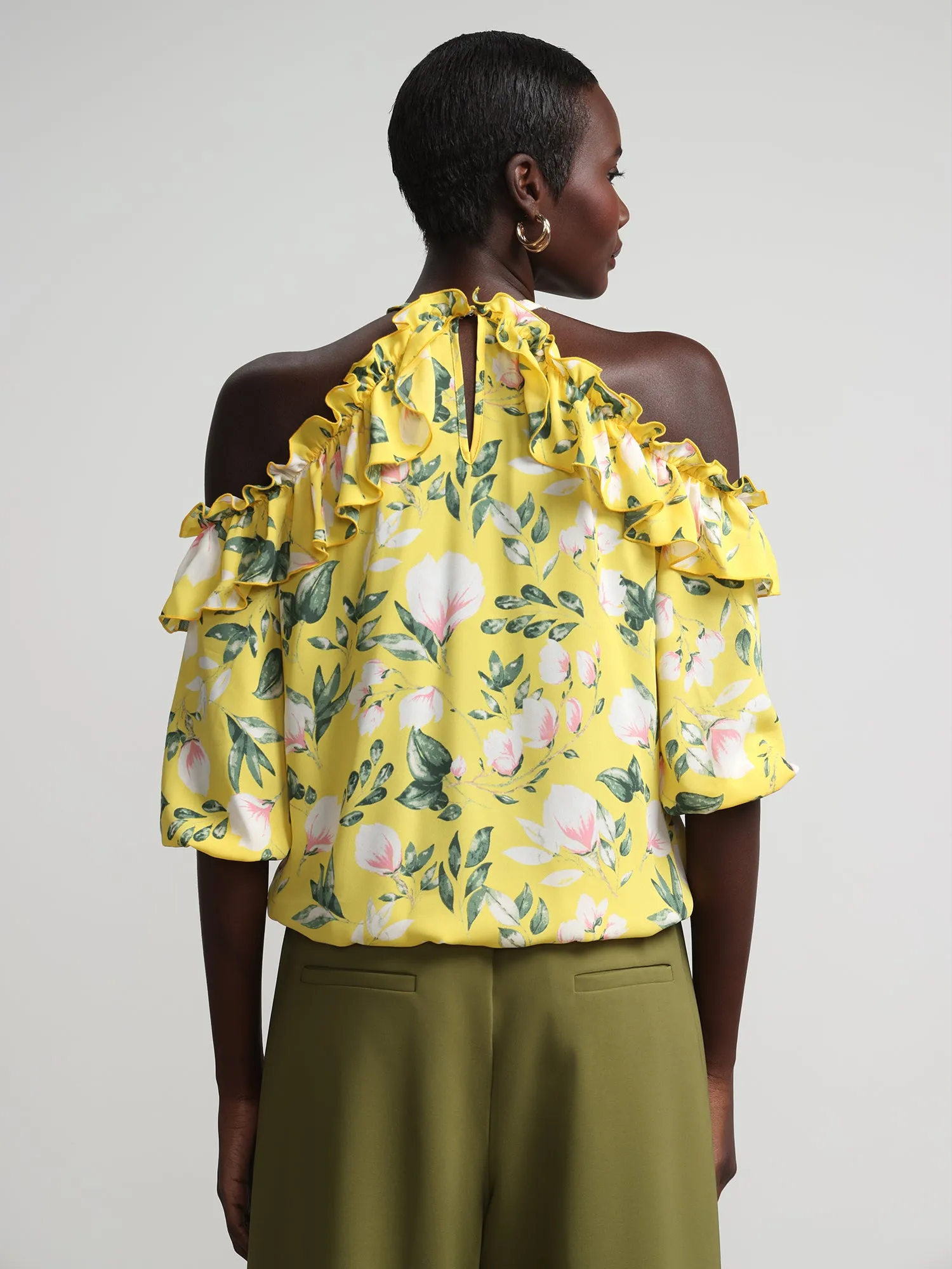 Floral Off-The-Shoulder Halterneck Ruffle Blouse