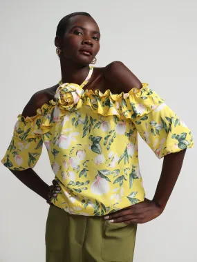 Floral Off-The-Shoulder Halterneck Ruffle Blouse