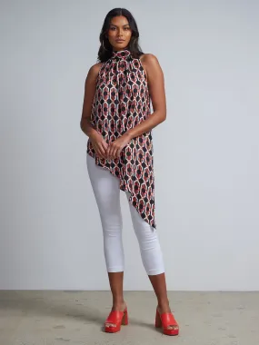 Geometric Link-Print Halterneck Asymmetric Maxi Blouse