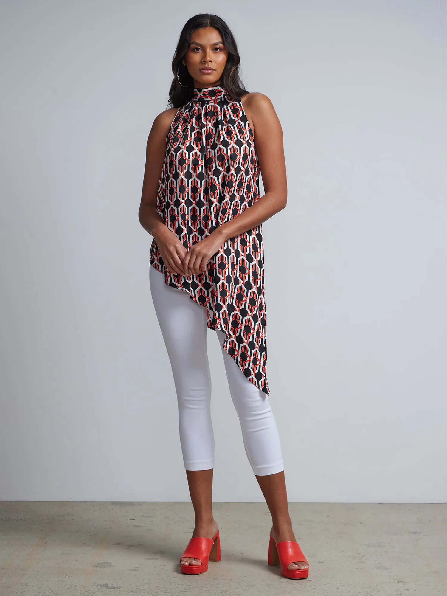 Geometric Link-Print Halterneck Asymmetric Maxi Blouse