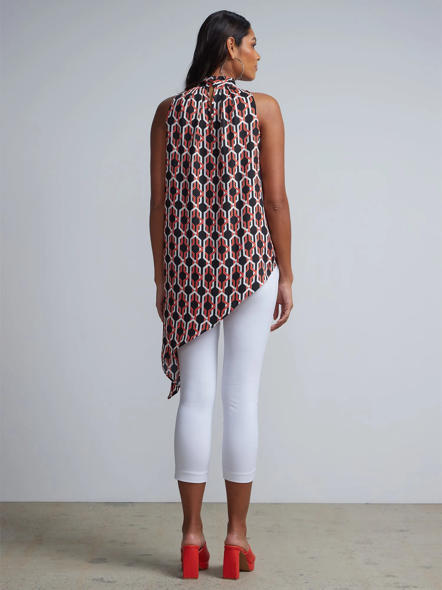 Geometric Link-Print Halterneck Asymmetric Maxi Blouse