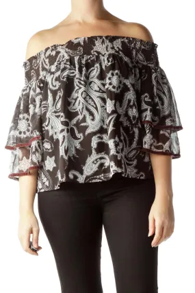 Gray Print Elastic Short Sleeve Flared Blouse