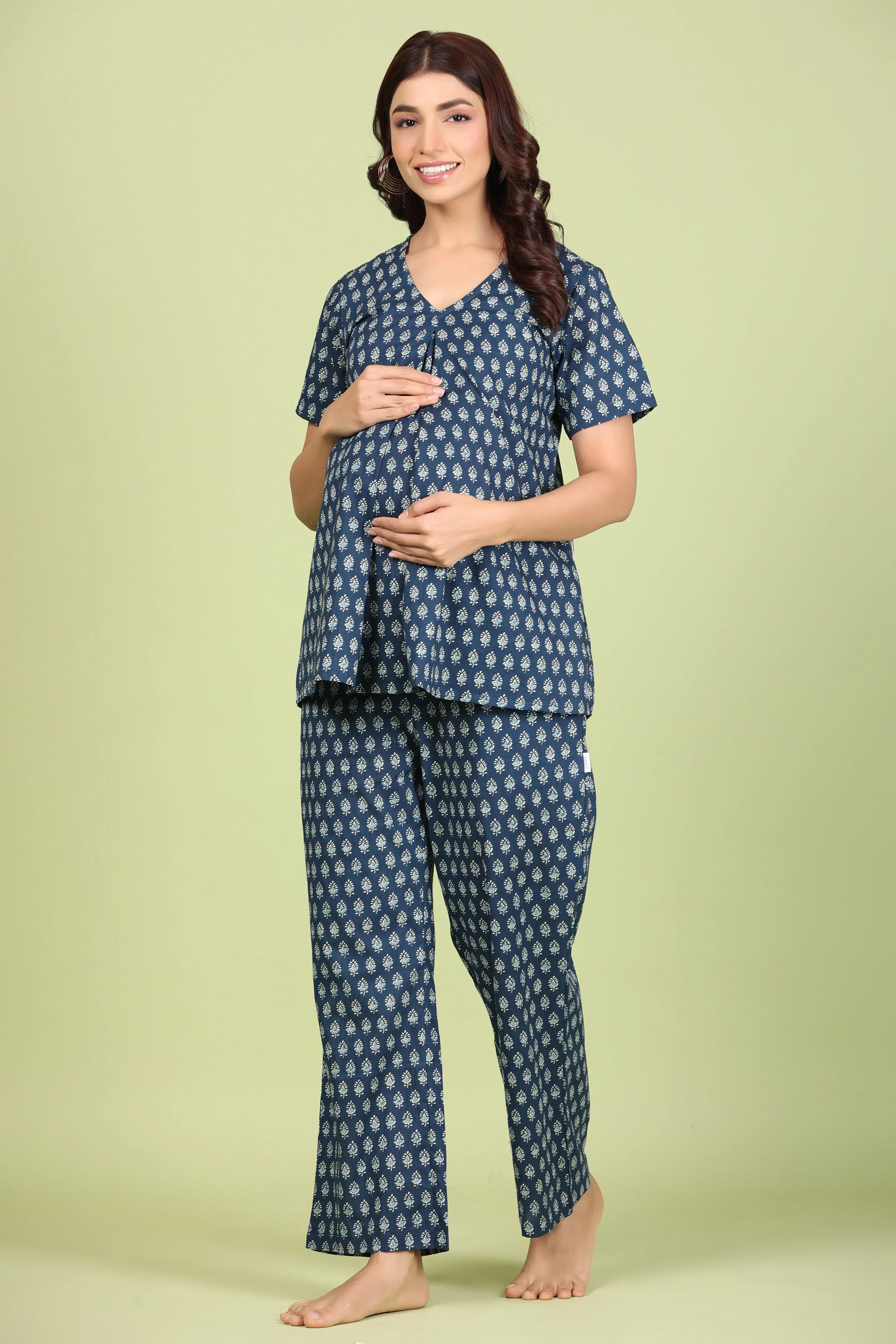 Indigo Batik Print on Maternity Feeding Pyjama Set