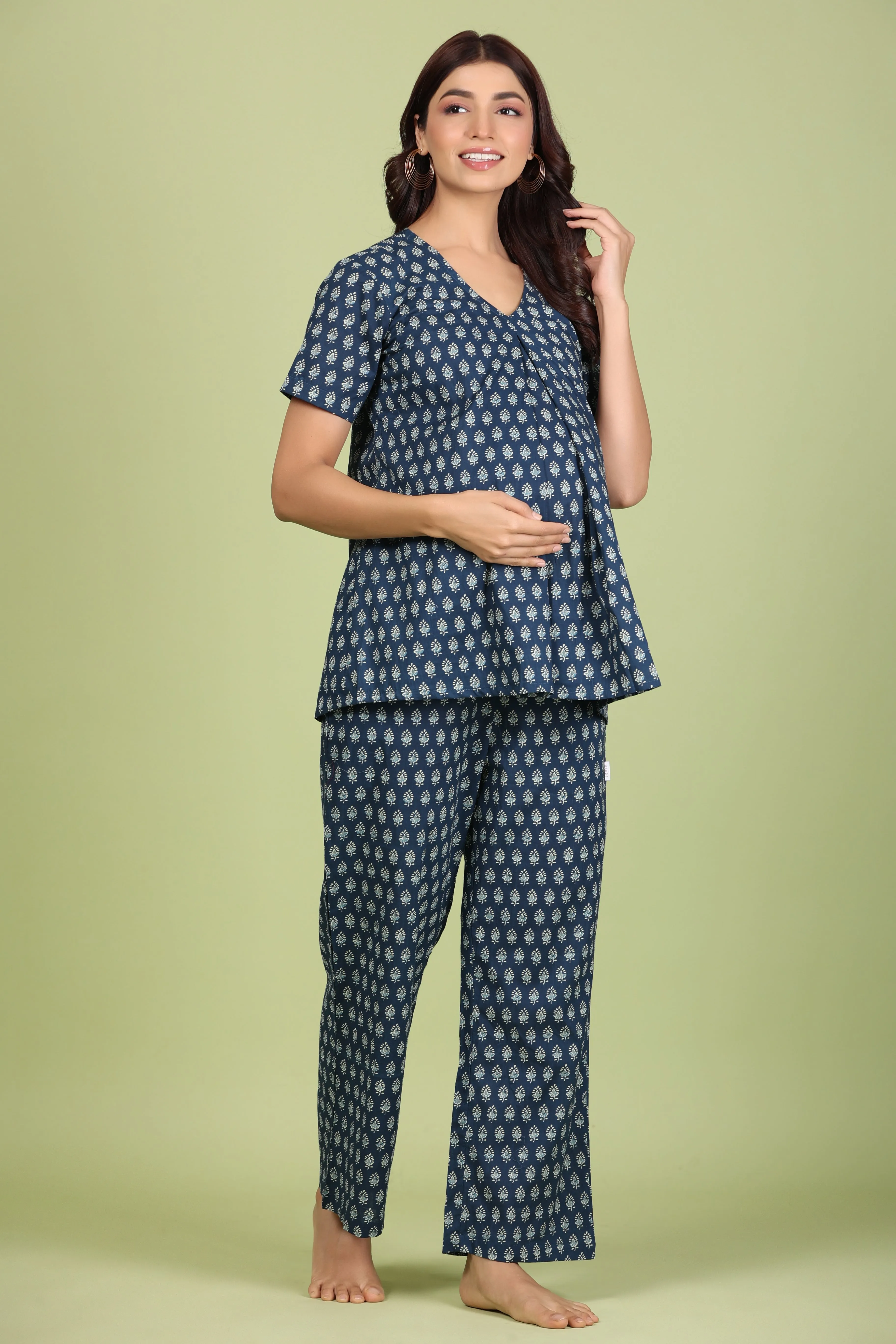 Indigo Batik Print on Maternity Feeding Pyjama Set