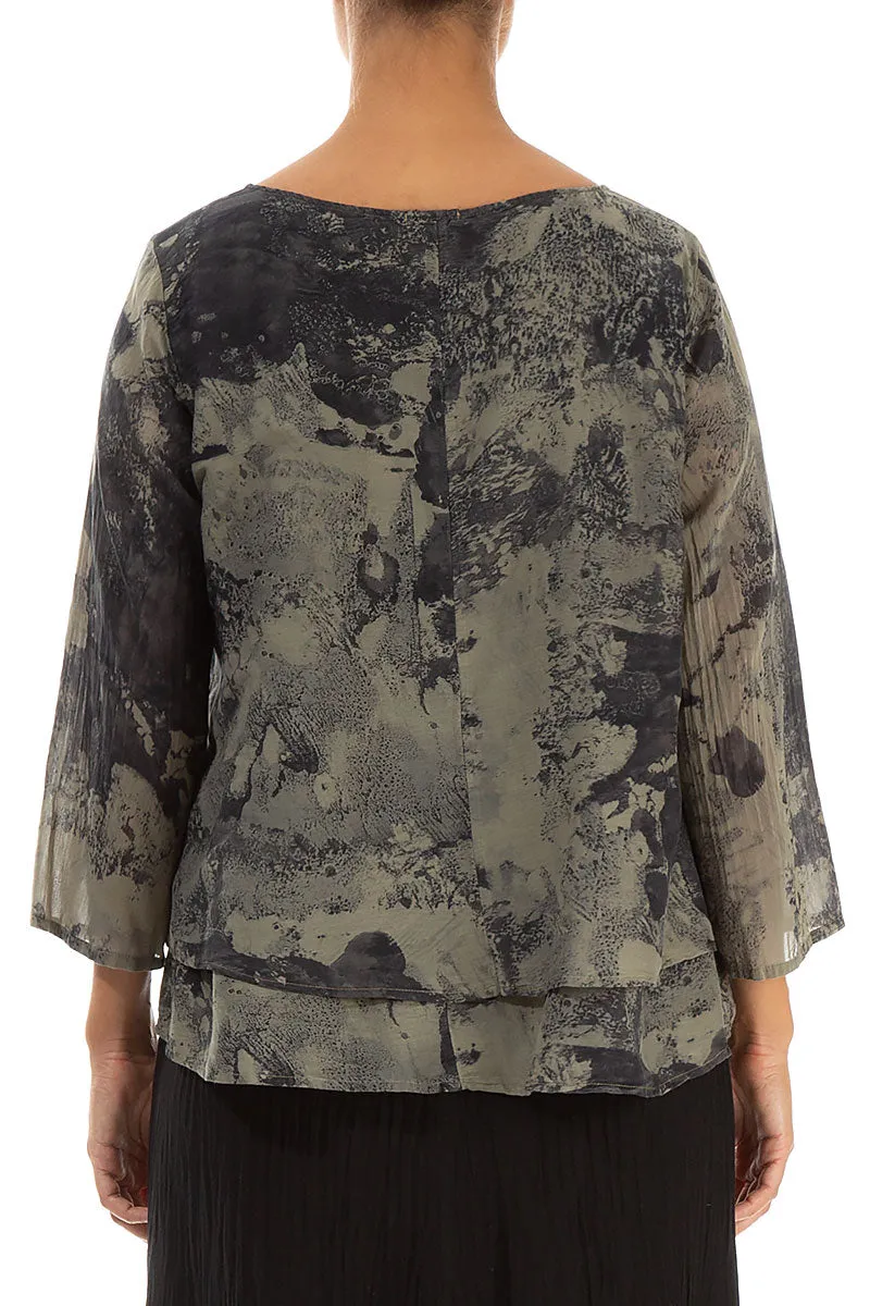 Layered Silver Sage Marble Silk Cotton Blouse