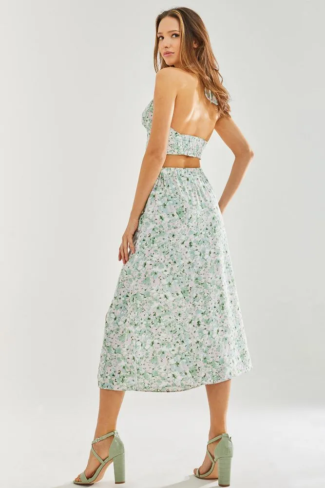 Liquorish Green Floral  Halterneck Crop Top