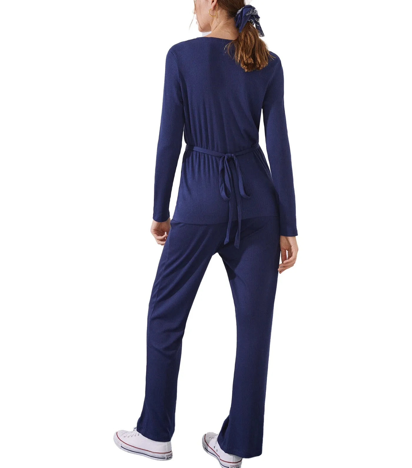 Long Ribbed Pajamas with Wrap Top Set Blue