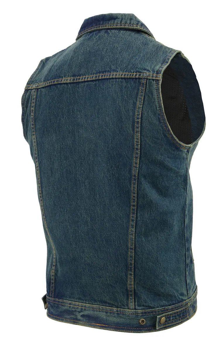 M Boss Motorcycle Apparel BOS13004 Men's Blue Denim Motorcycle Side Lace Vest with Shirt Style Collar