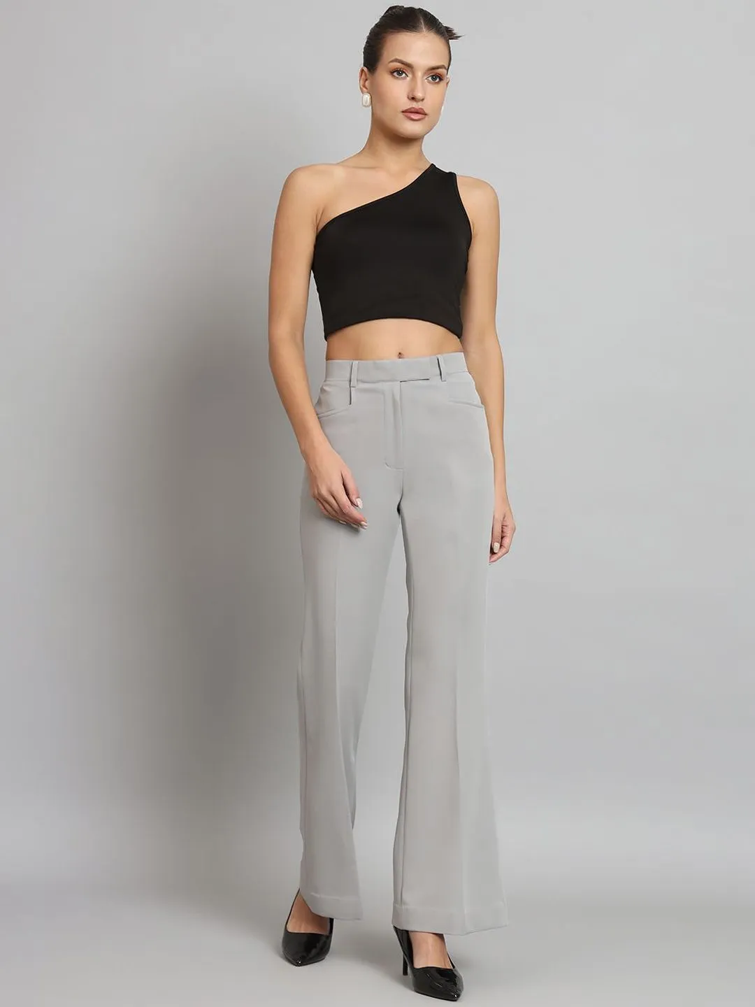 Mid Waist Bell Bottom Stretch Trouser - Grey