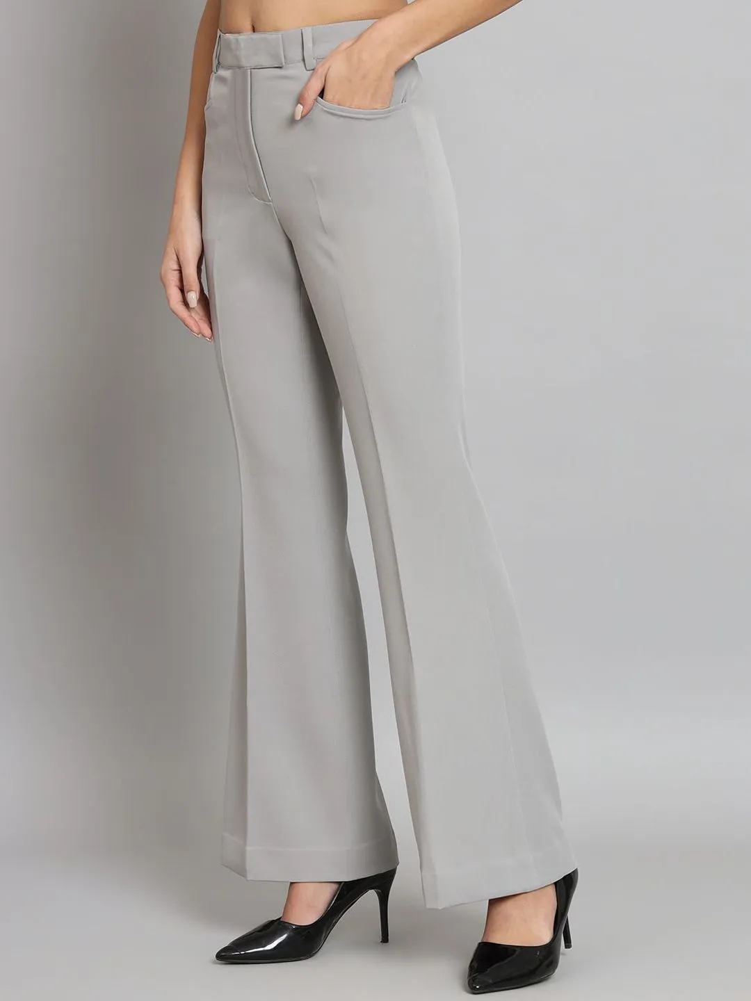 Mid Waist Bell Bottom Stretch Trouser - Grey