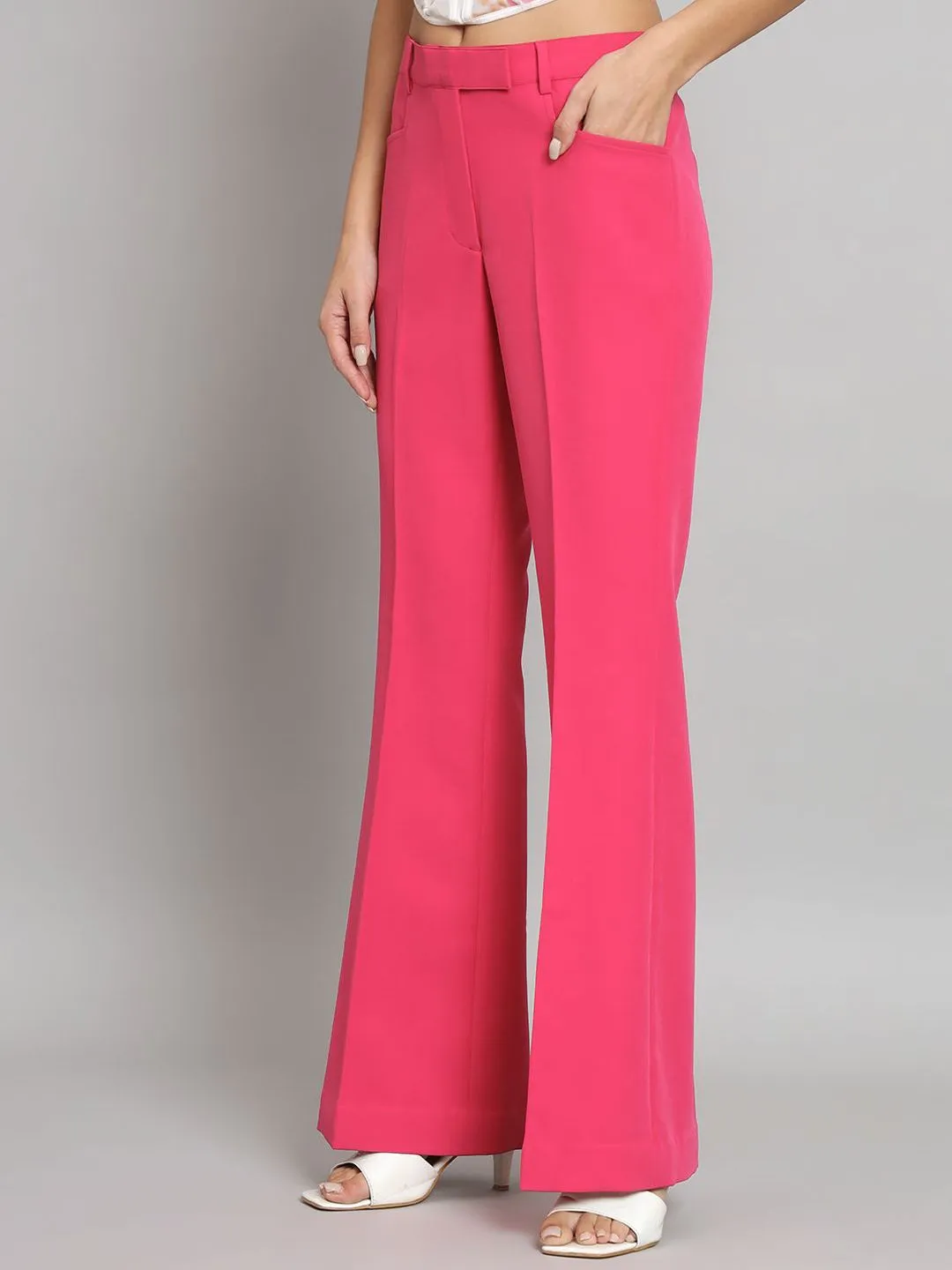 Mid Waist Bell Bottom Stretch Trouser - Hot Pink