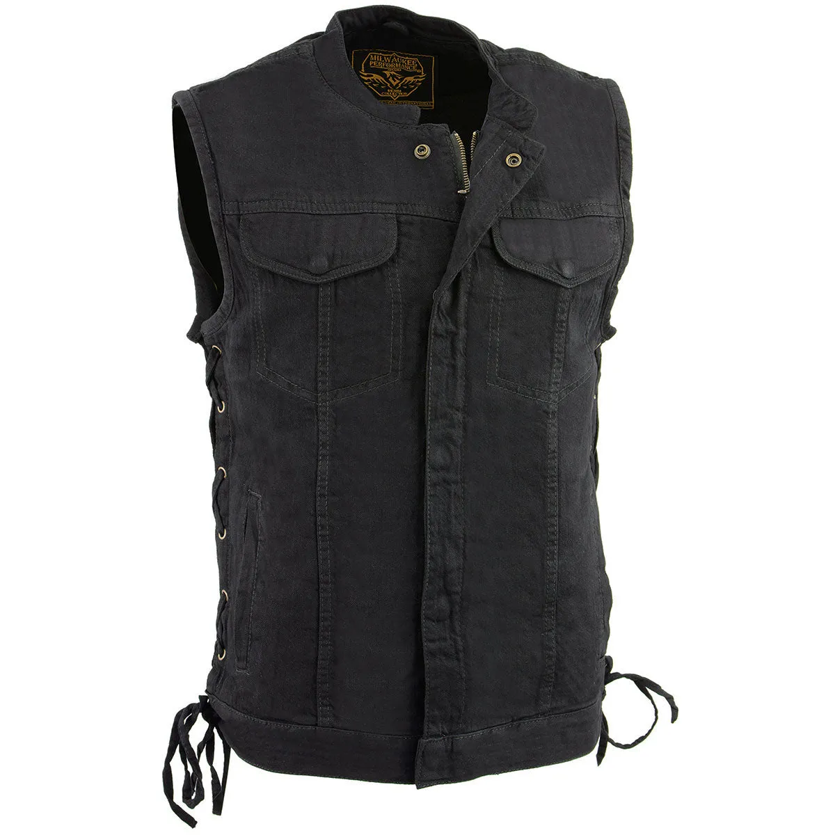 Milwaukee Leather MDM3002 Men's ‘Covert’ Black Denim Club Style Vest with Side Lace Adjustment