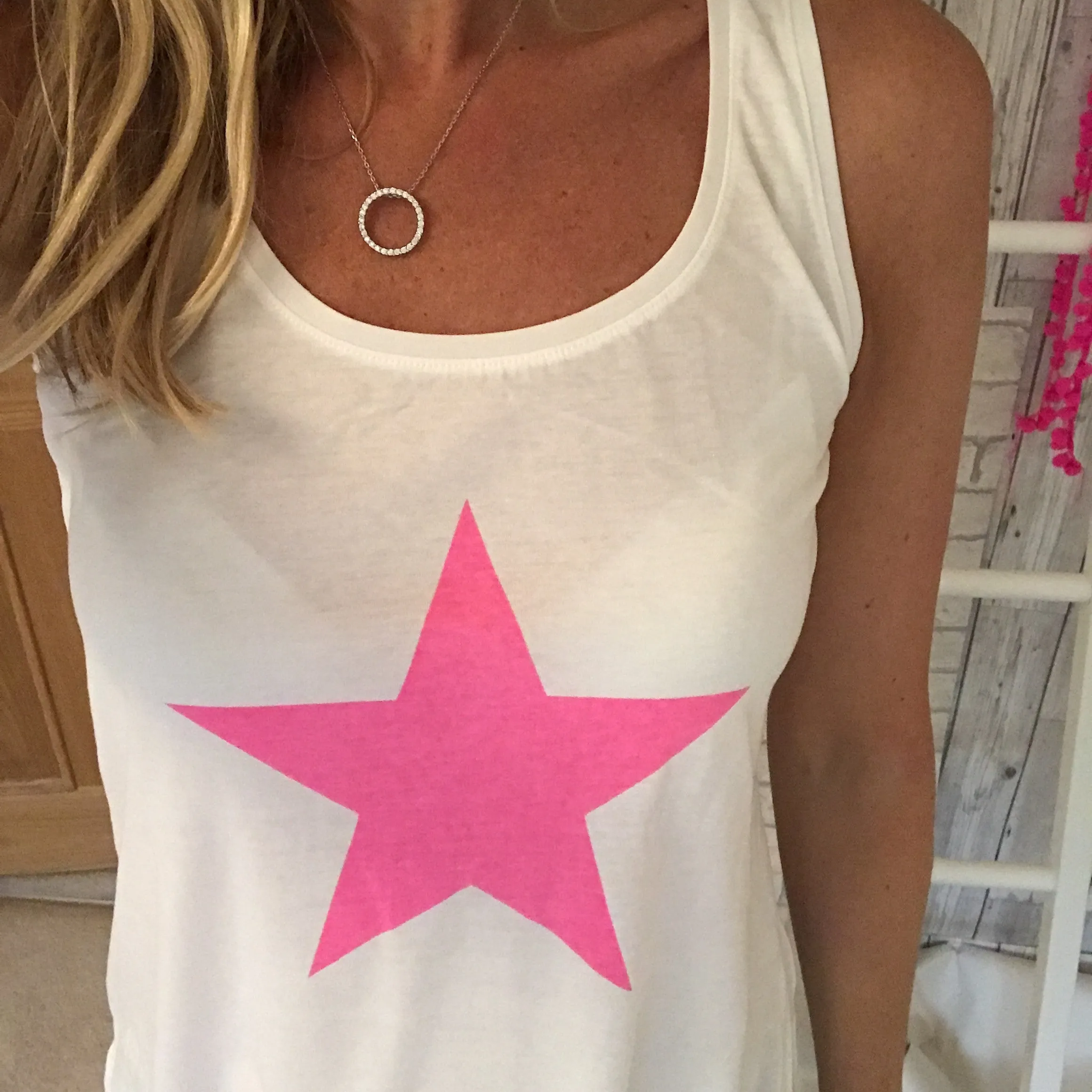 Neon pink star white vest *just 1 medium left*