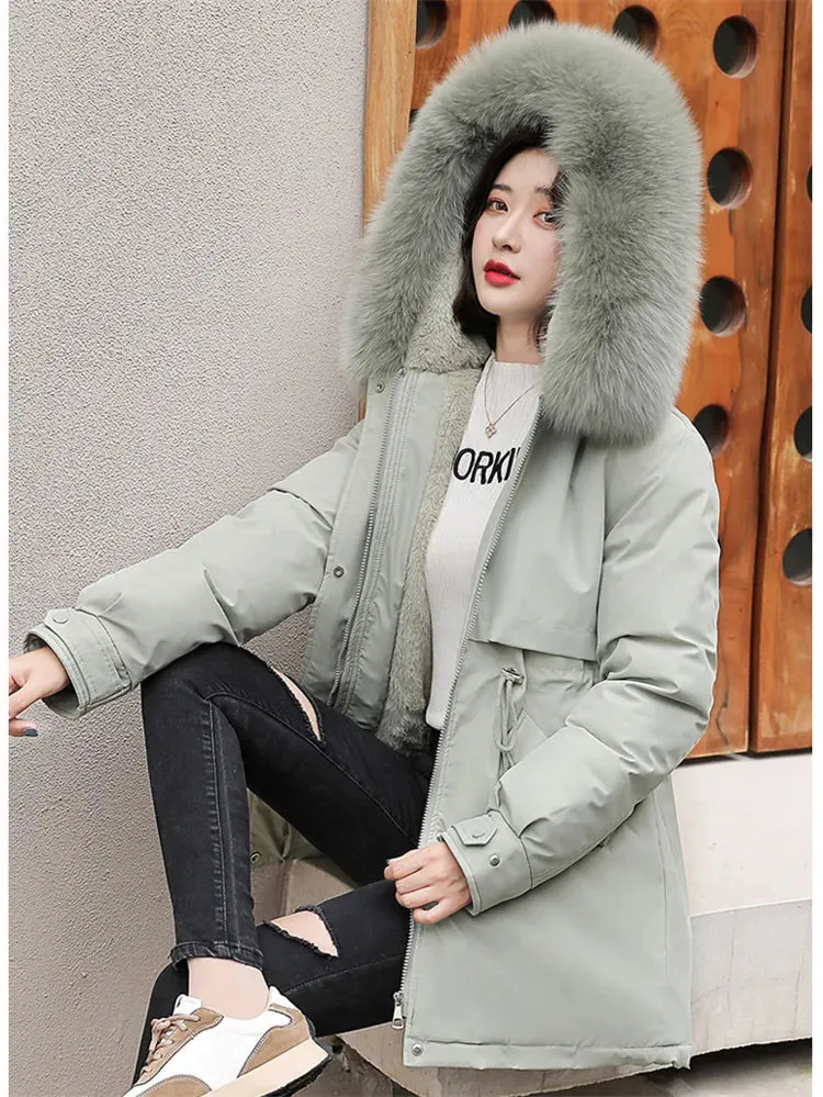 Nukty Winter Coat Low Price On Sale Women Beige Add Wool Thick Warmth Fur Hooded Parkas Jacket New Fashion Belt Slim Cotton Coat