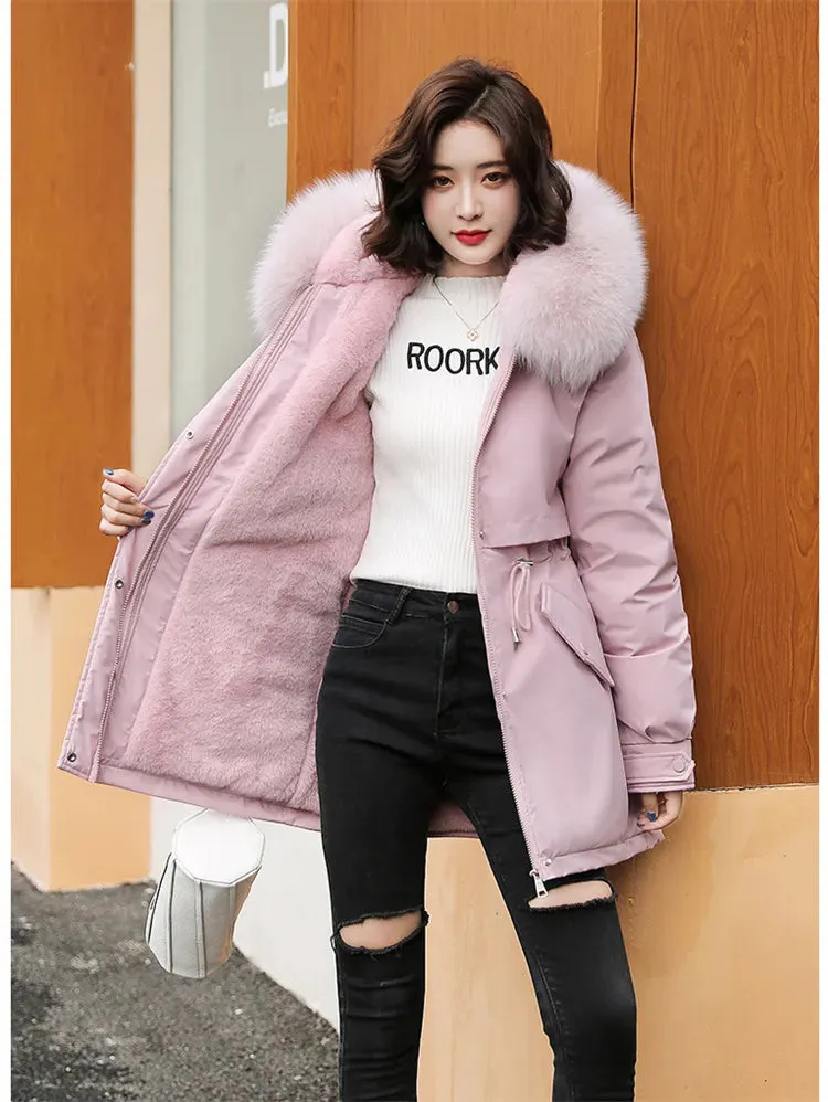 Nukty Winter Coat Low Price On Sale Women Beige Add Wool Thick Warmth Fur Hooded Parkas Jacket New Fashion Belt Slim Cotton Coat