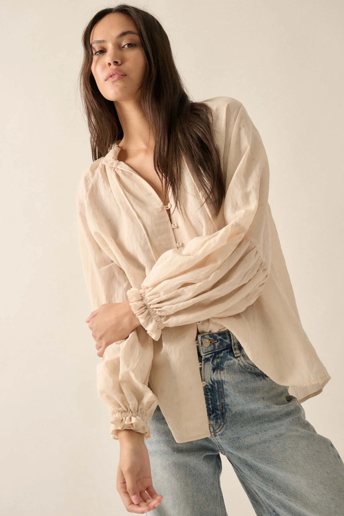 Poetic Soul Buttoned Jacquard Tie-Neck Peasant Top