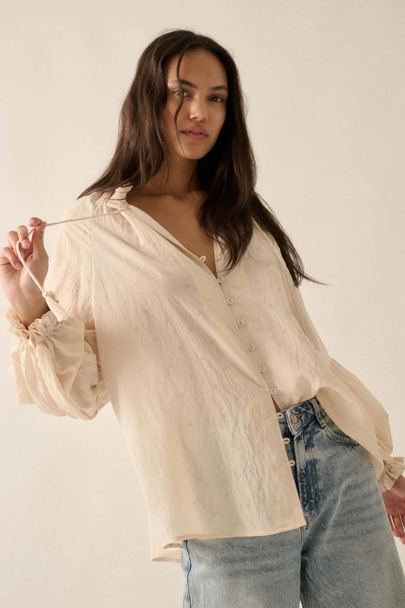 Poetic Soul Buttoned Jacquard Tie-Neck Peasant Top