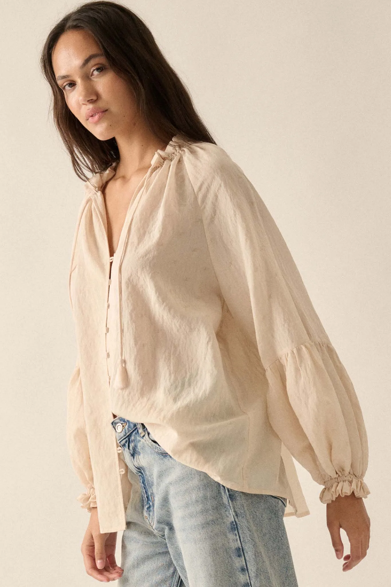 Poetic Soul Buttoned Jacquard Tie-Neck Peasant Top