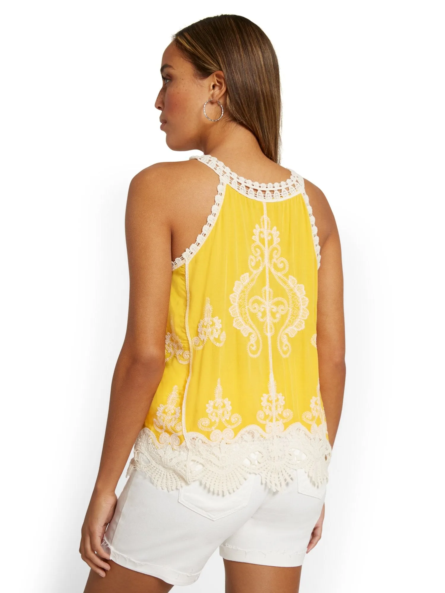 Printed Crochet-Accent Halterneck Top