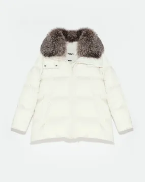 "A" line down jacket in water-repellent technical fabric with fox fur collar