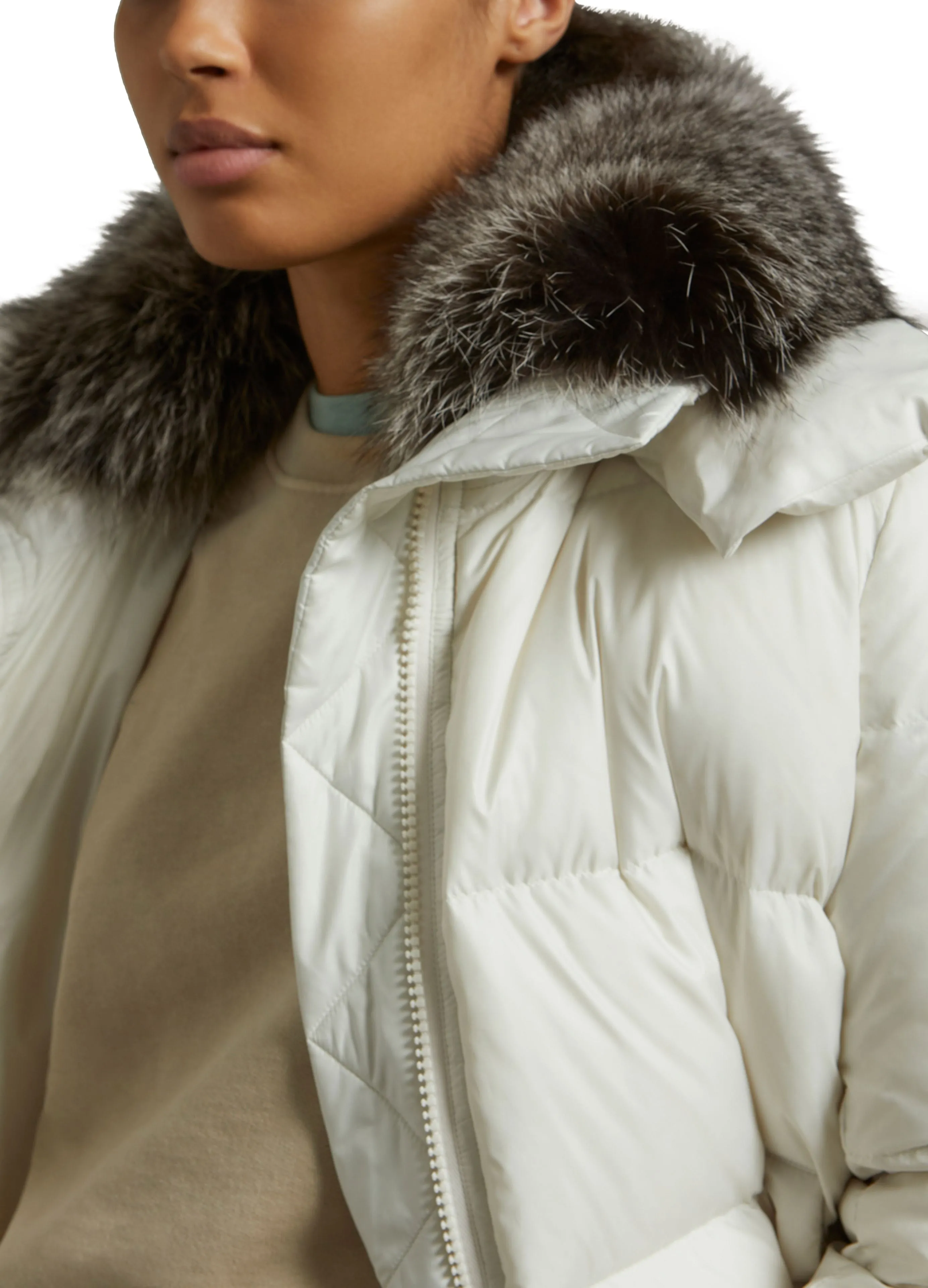 "A" line down jacket in water-repellent technical fabric with fox fur collar