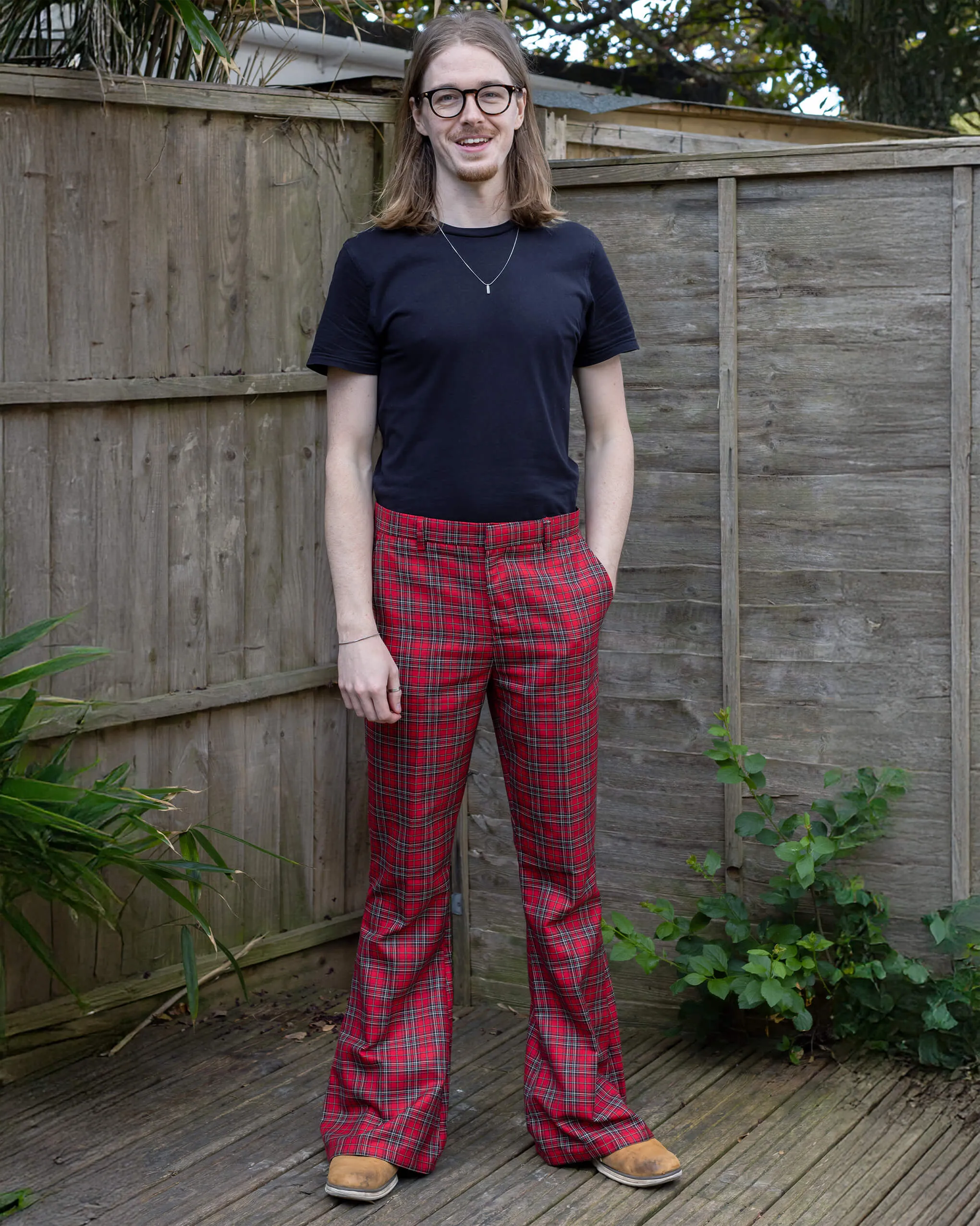 Retro Red Royal Stewart Tartan Plaid Bell Bottom Trousers