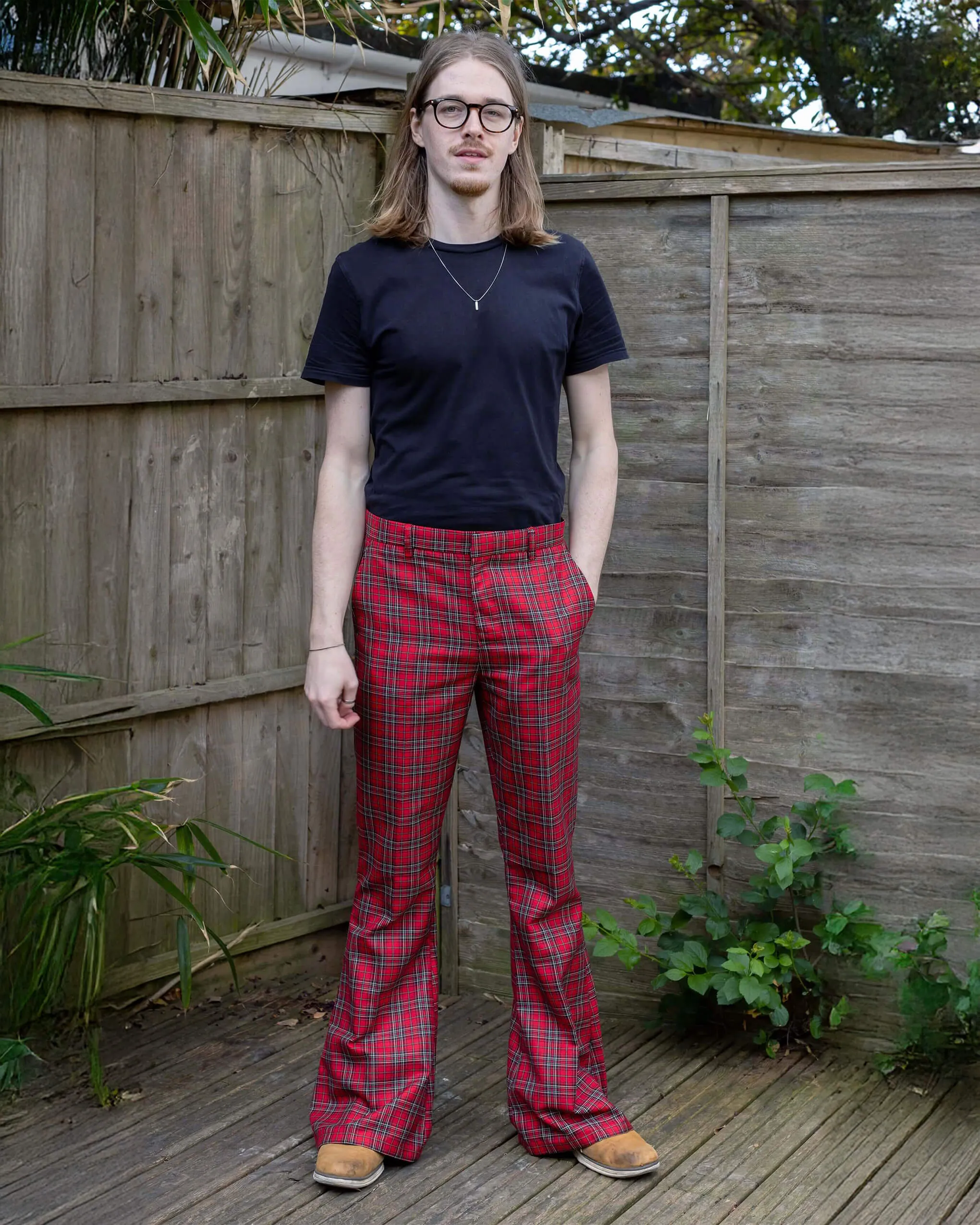 Retro Red Royal Stewart Tartan Plaid Bell Bottom Trousers