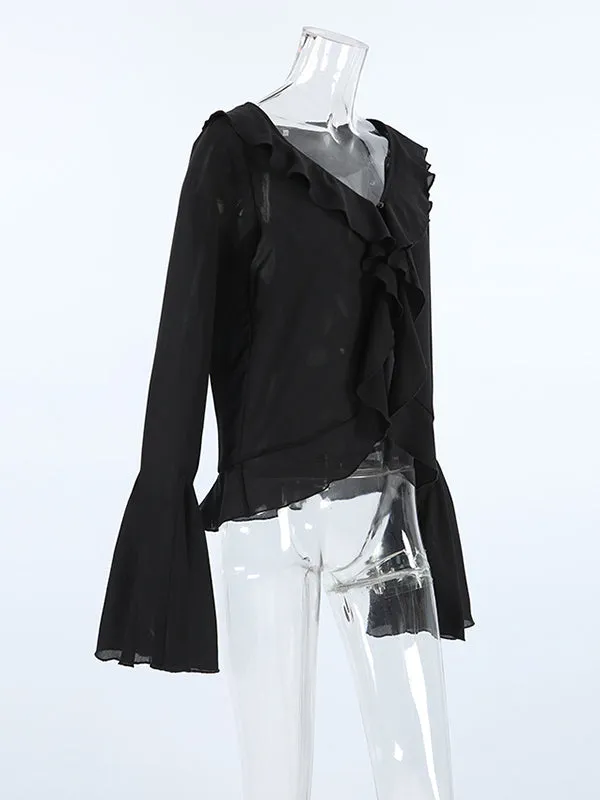 Ruffled See-Through Split-Joint Flared Sleeves Long Sleeves Lapel Blouses&Shirts Tops