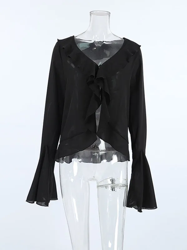 Ruffled See-Through Split-Joint Flared Sleeves Long Sleeves Lapel Blouses&Shirts Tops