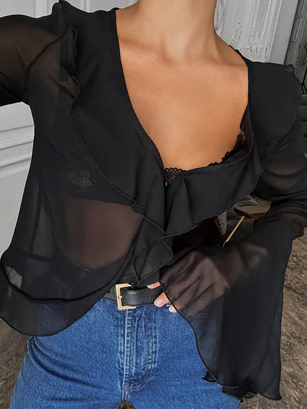 Ruffled See-Through Split-Joint Flared Sleeves Long Sleeves Lapel Blouses&Shirts Tops