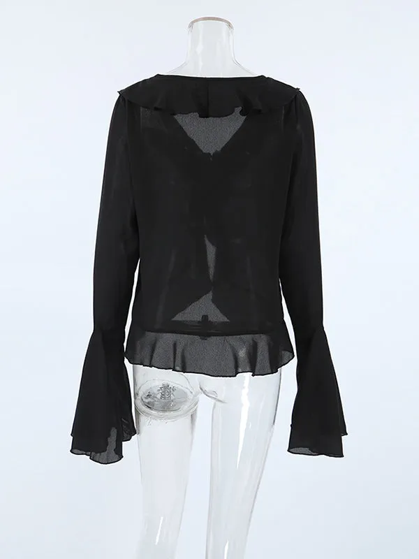 Ruffled See-Through Split-Joint Flared Sleeves Long Sleeves Lapel Blouses&Shirts Tops