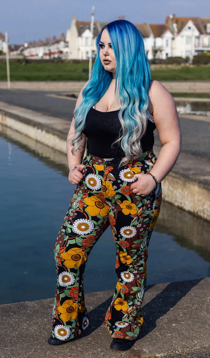 Run And Fly  70's Black Floral High Waisted Bell Bottom Flares