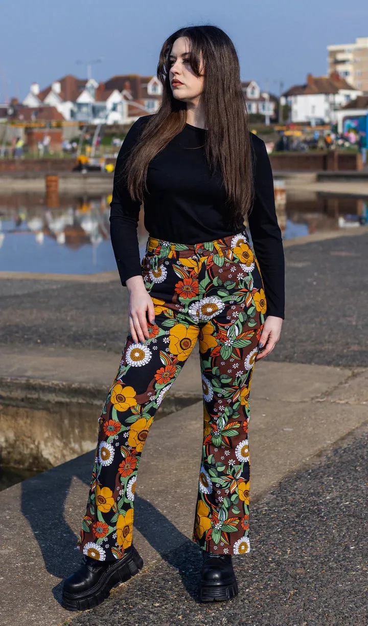 Run And Fly  70's Black Floral High Waisted Bell Bottom Flares