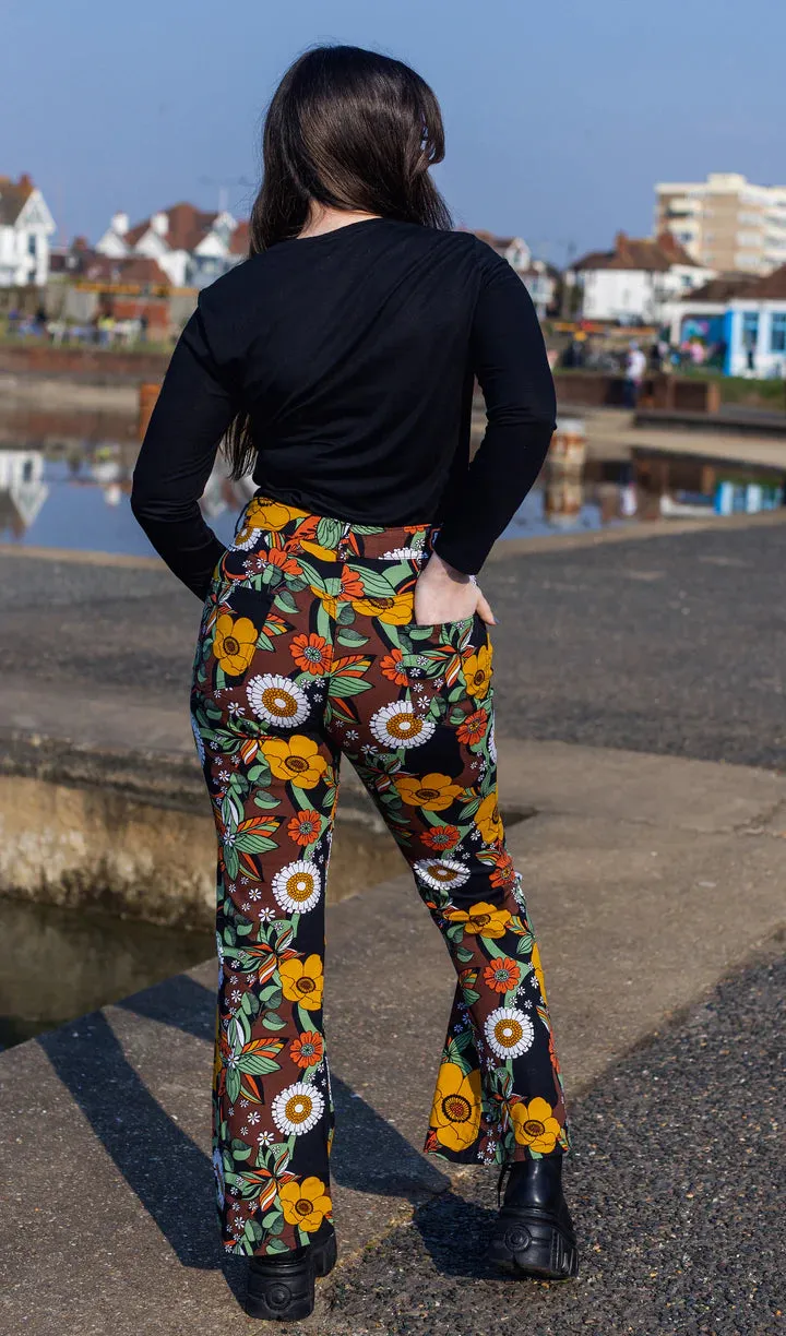 Run And Fly  70's Black Floral High Waisted Bell Bottom Flares