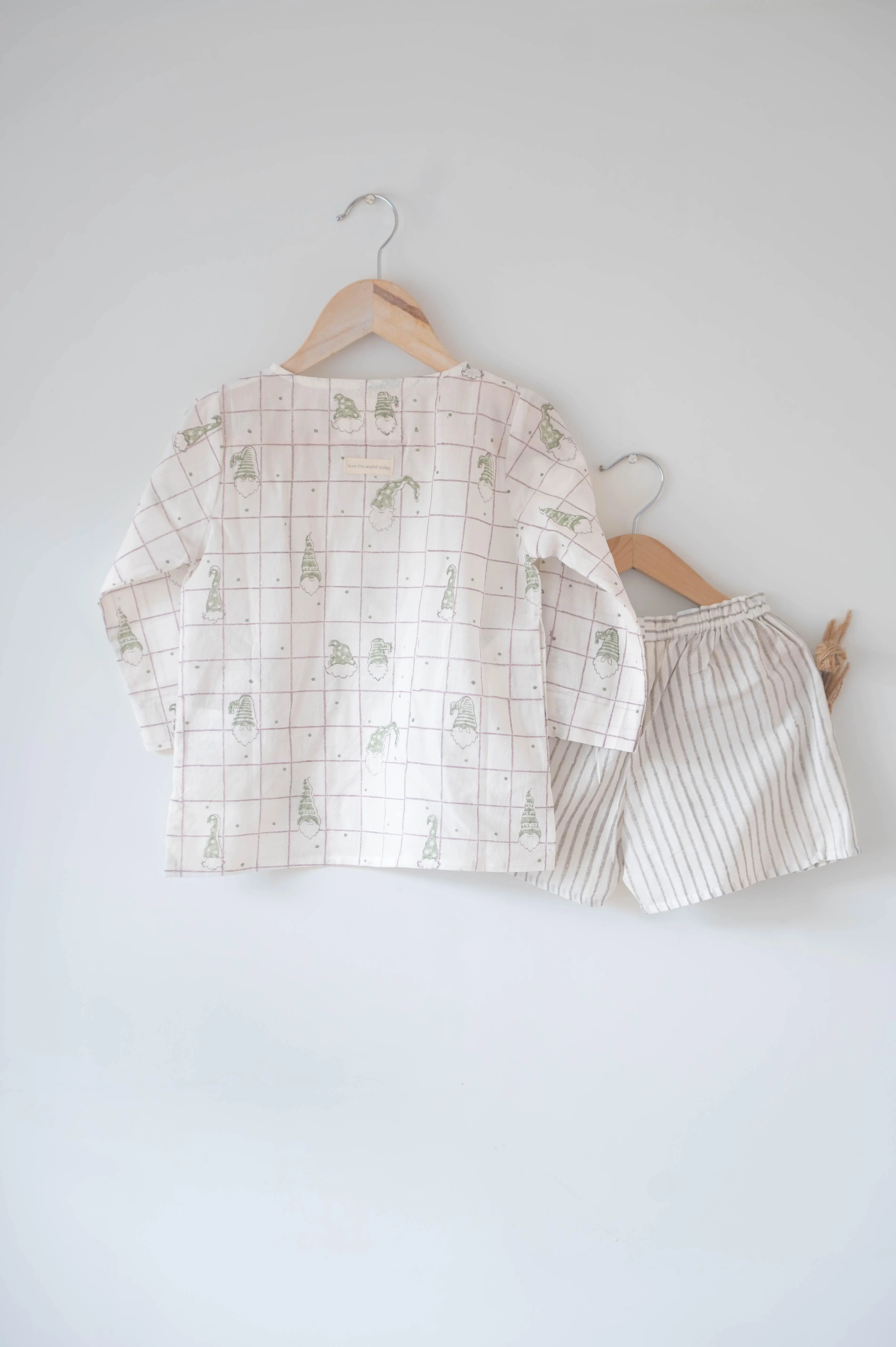 Sleepover Party’ unisex checkered sage green elves full sleeve kurta and shorts set in hand block print stripes