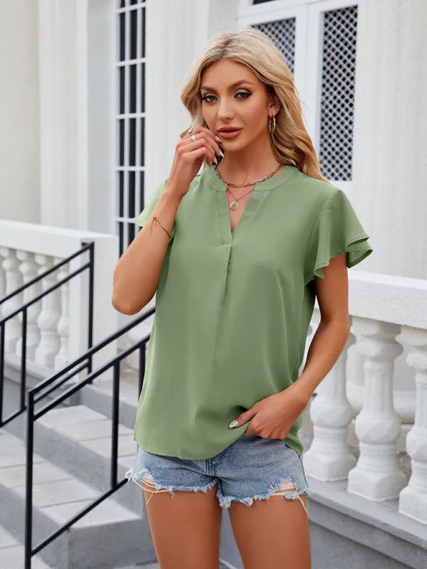 Solid Color Blouse | V-Neck & Flounce Sleeves Top