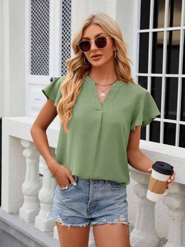 Solid Color Blouse | V-Neck & Flounce Sleeves Top