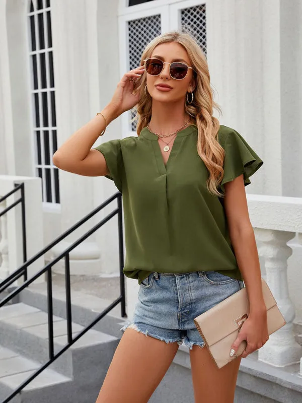 Solid Color Blouse | V-Neck & Flounce Sleeves Top