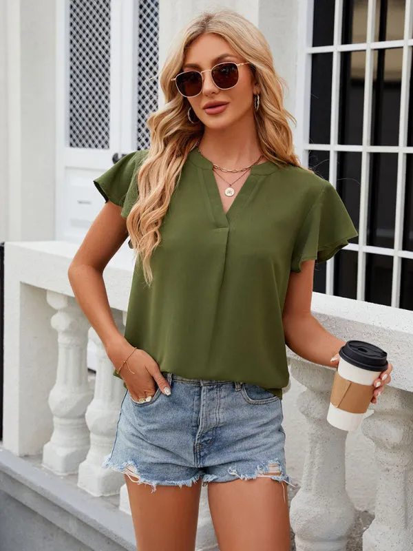 Solid Color Blouse | V-Neck & Flounce Sleeves Top