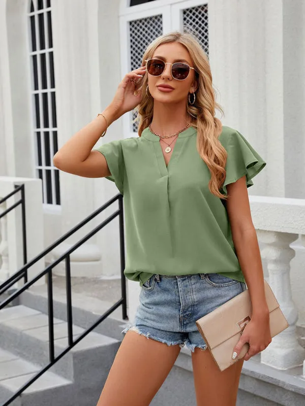 Solid Color Blouse | V-Neck & Flounce Sleeves Top